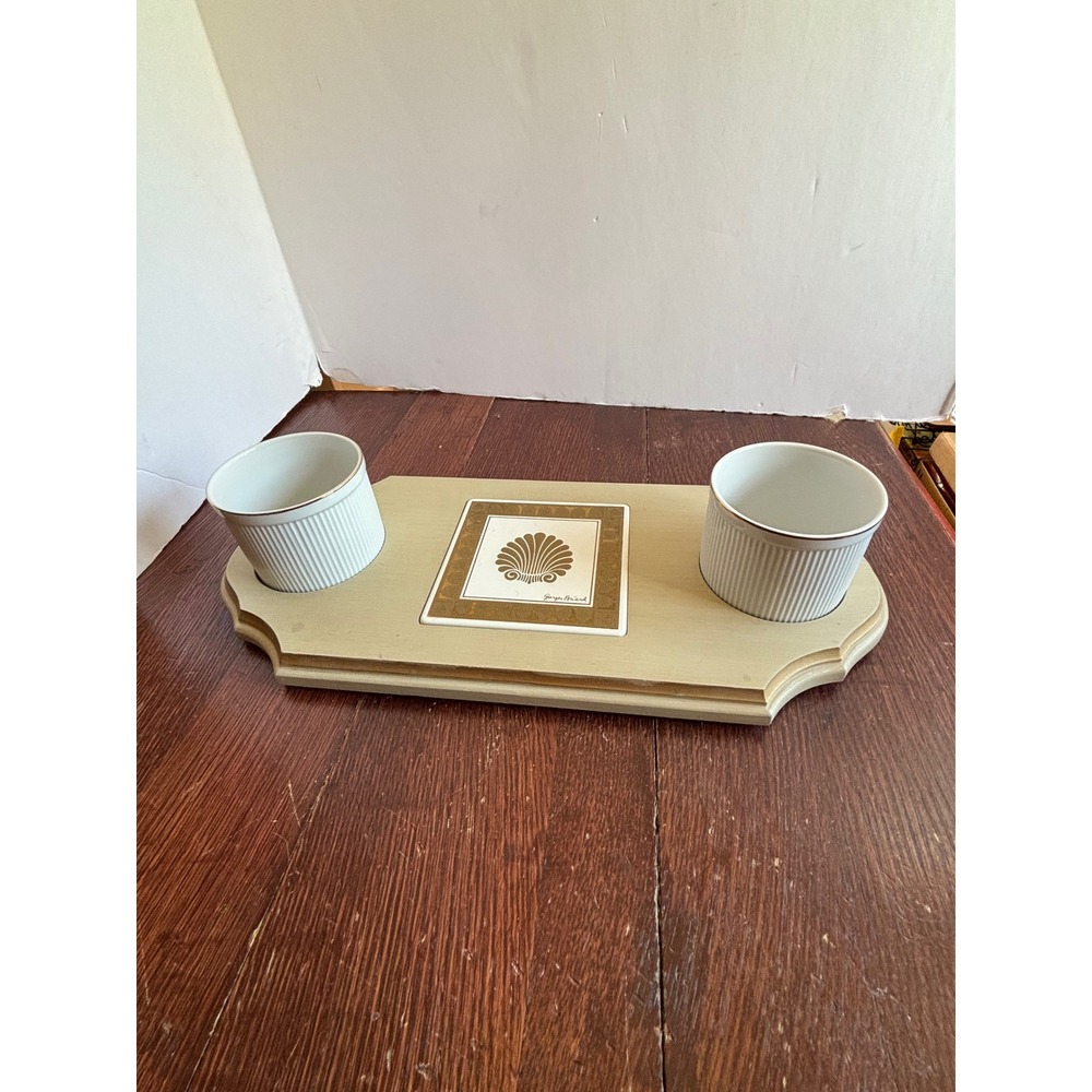 Georges Briard Vintage‎ Wood Serving Tray with Tile Shell Motif and 2 Ramekins